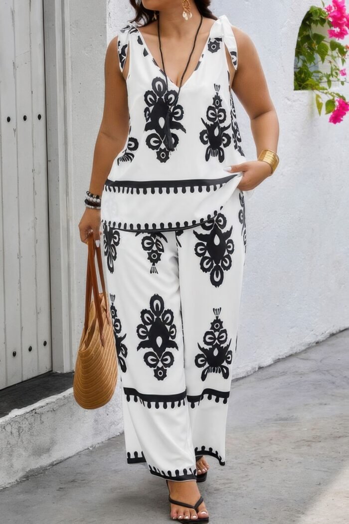 Plus size printed knot shoulder wide leg sets - image 8