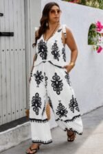 Plus Size Printed Knot Shoulder Wide Leg Sets - Image 9