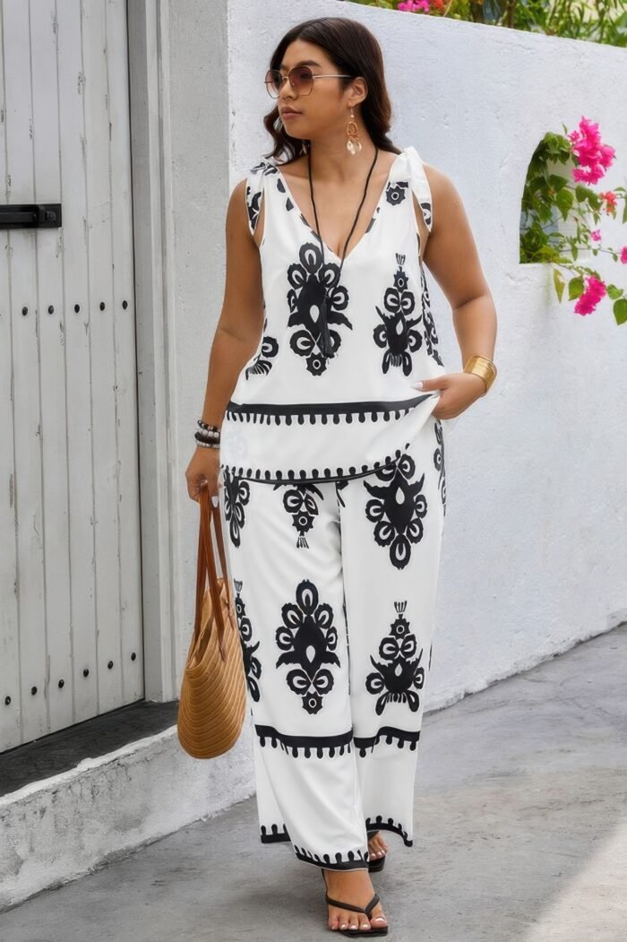 Plus size printed knot shoulder wide leg sets - image 11