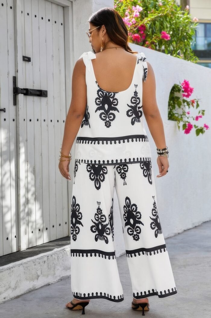 Plus size printed knot shoulder wide leg sets - image 12