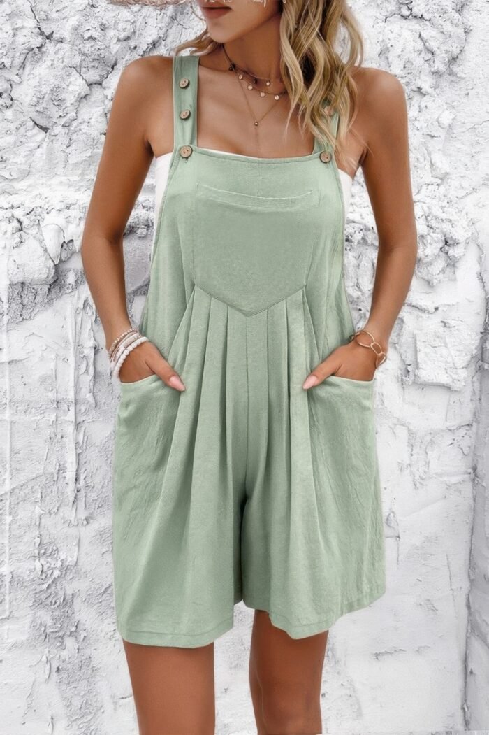 Square neck pockets button tirm ruched romper
