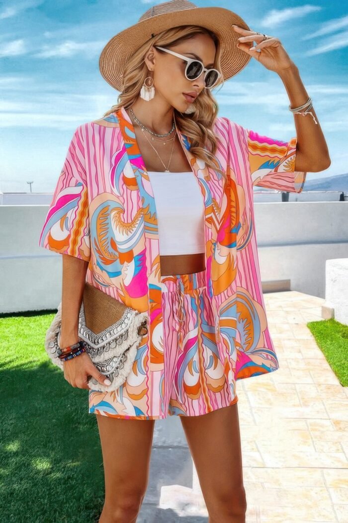 Graphic print drop shoulder blouse tie front short