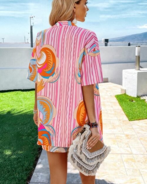 graphic print drop shoulder blouse tie front short