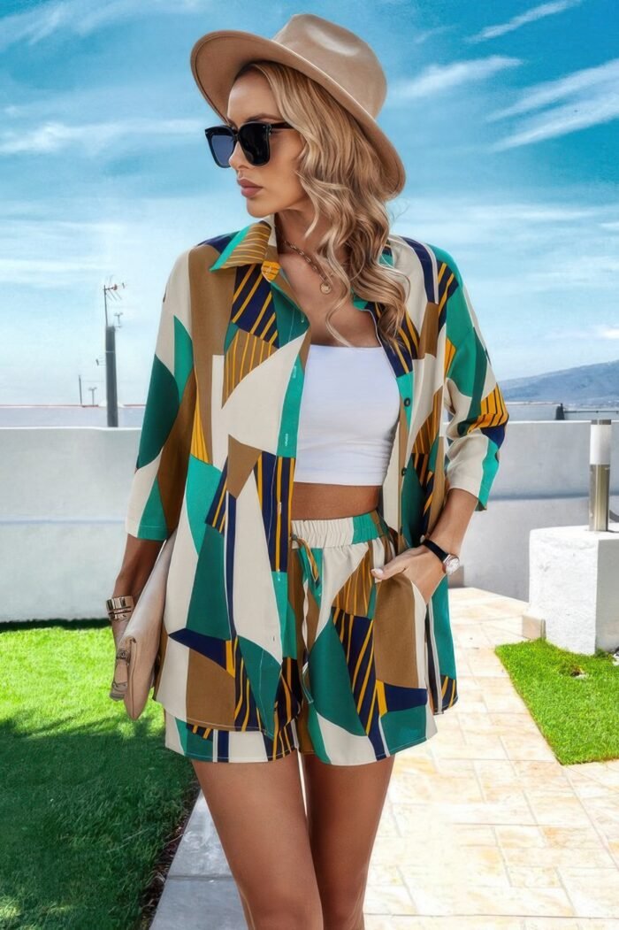 Graphic print open front pockets blouse and short