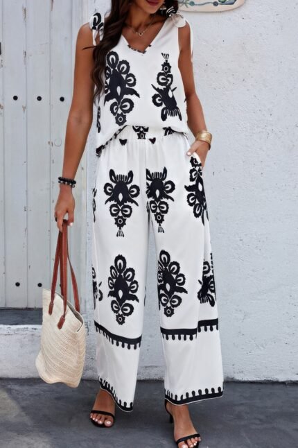 Floral Knot Shoulder Sleeveless Elastic Waist Sets