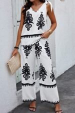 Floral Knot Shoulder Sleeveless Elastic Waist Sets - Image 2