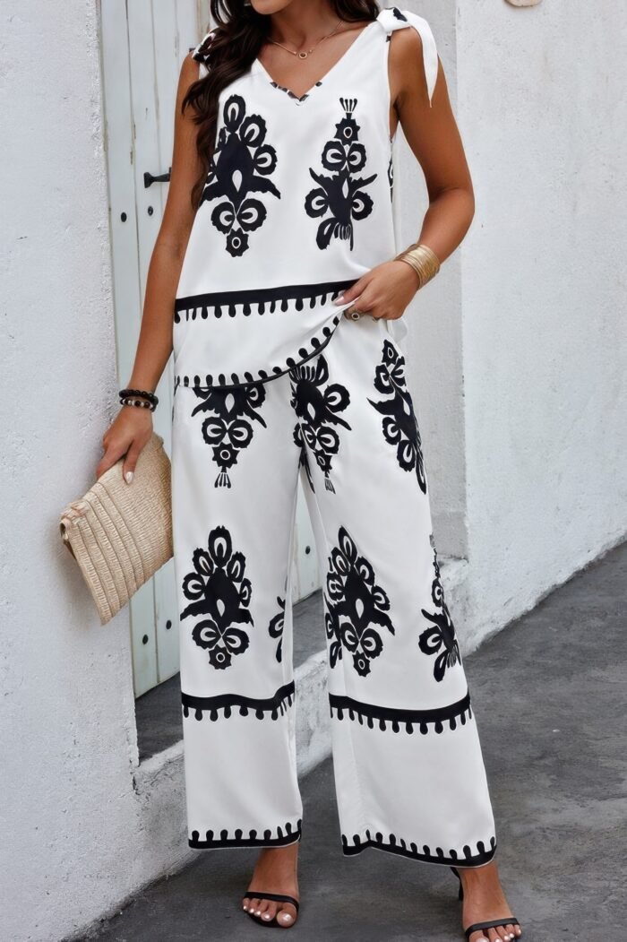 Floral knot shoulder sleeveless elastic waist sets - image 2