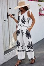 Floral Knot Shoulder Sleeveless Elastic Waist Sets - Image 3