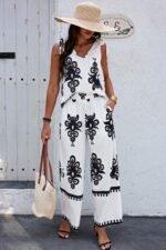 Floral Knot Shoulder Sleeveless Elastic Waist Sets - Image 4