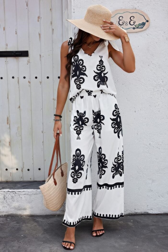 Floral knot shoulder sleeveless elastic waist sets - image 5