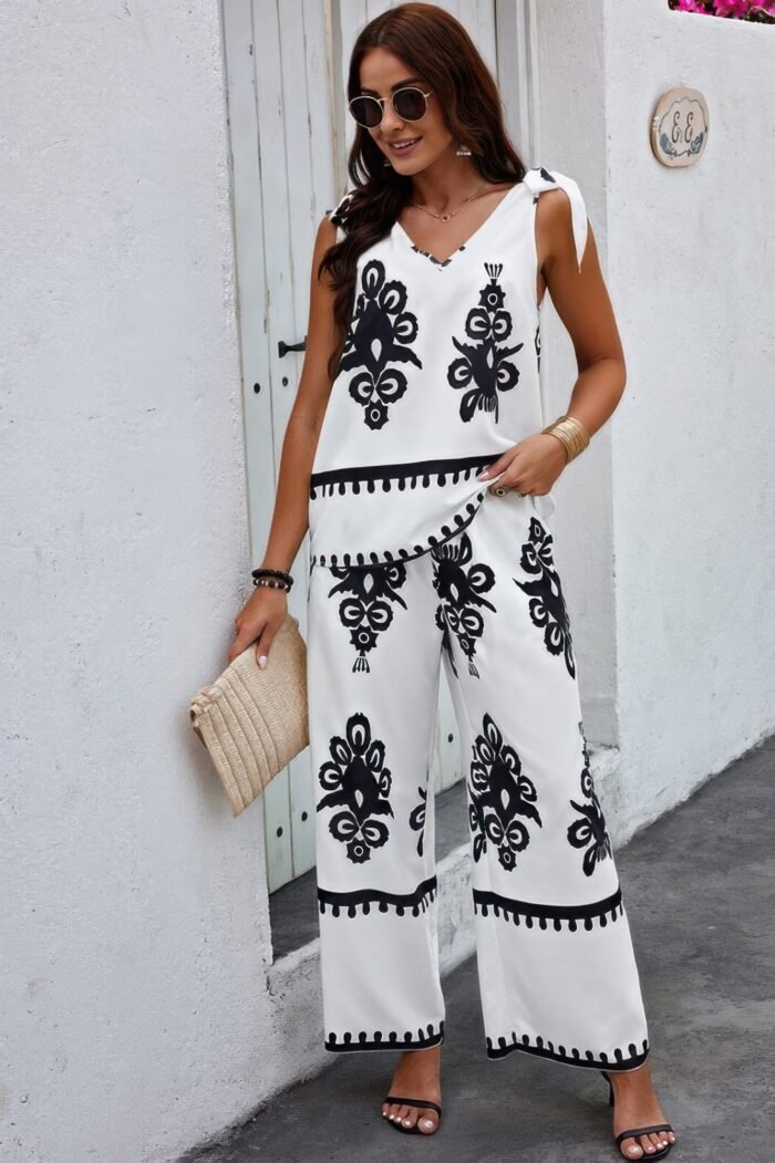 Floral knot shoulder sleeveless elastic waist sets - image 7