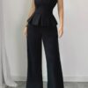 Off Shoulder Back Hide Zipper Pleated Fit Jumpsuit