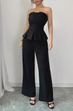 Off Shoulder Back Hide Zipper Pleated Fit Jumpsuit