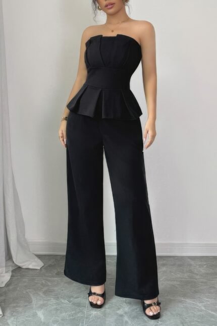 Off Shoulder Back Hide Zipper Pleated Fit Jumpsuit