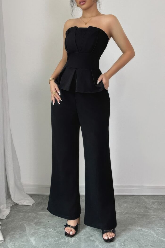 Off shoulder back hide zipper pleated fit jumpsuit