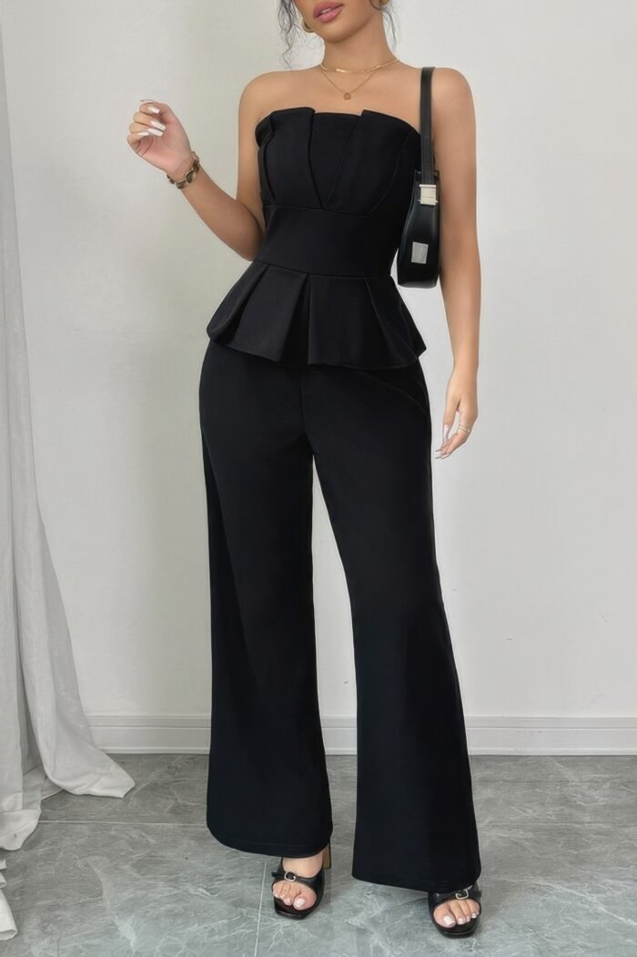 Off shoulder back hide zipper pleated fit jumpsuit