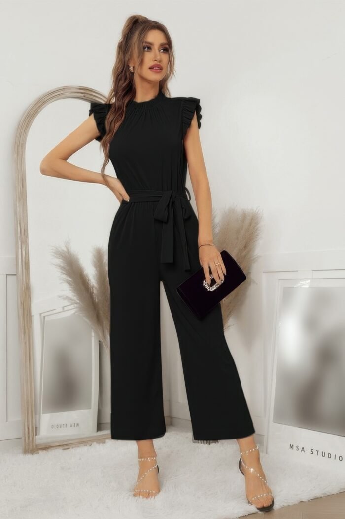 Mock neck sleeveless ruffle jumpsuit