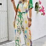 Allover Print Button Up Belt Jumpsuit