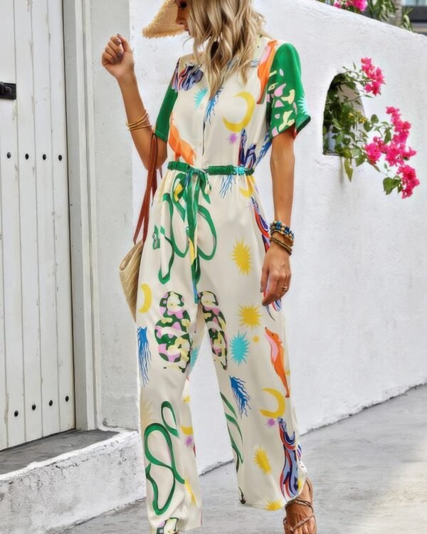 Allover Print Button Up Belt Jumpsuit