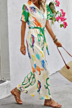 Allover Print Button Up Belt Jumpsuit