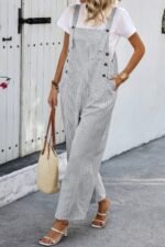 Solid Square Neck Button Trim Pockets Jumpsuit - Image 2