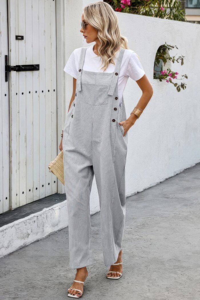 Solid square neck button trim pockets jumpsuit - image 3