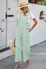 Solid Square Neck Button Trim Pockets Jumpsuit - Image 9