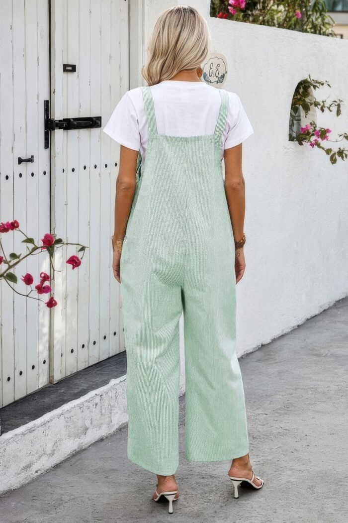 Solid square neck button trim pockets jumpsuit - image 11