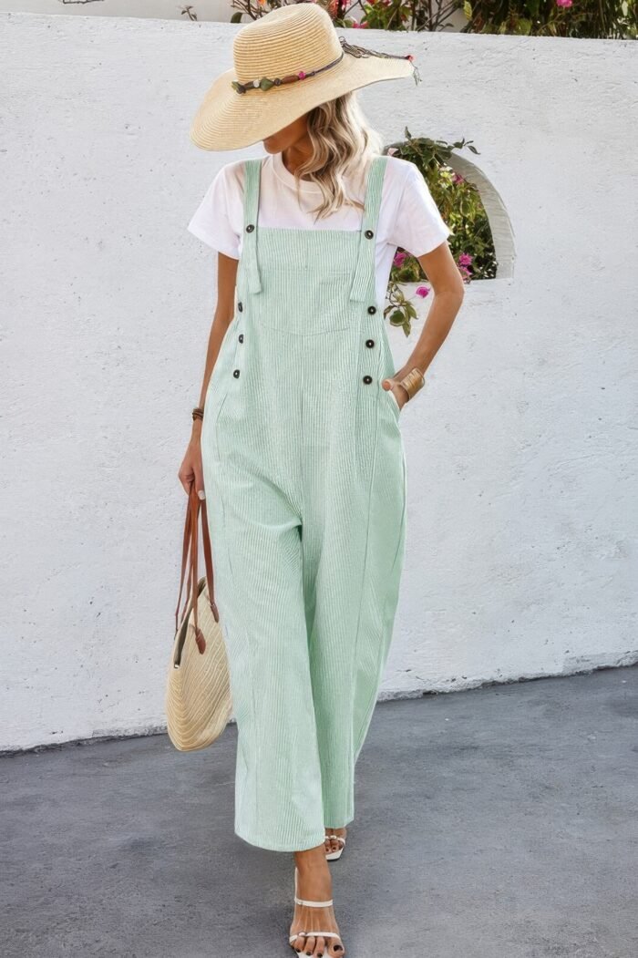 Solid square neck button trim pockets jumpsuit - image 13
