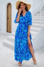 Floral Print V Neck Waist Cinched Split Long Dress
