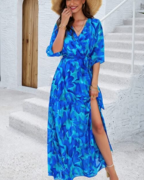 floral print v neck waist cinched split long dress