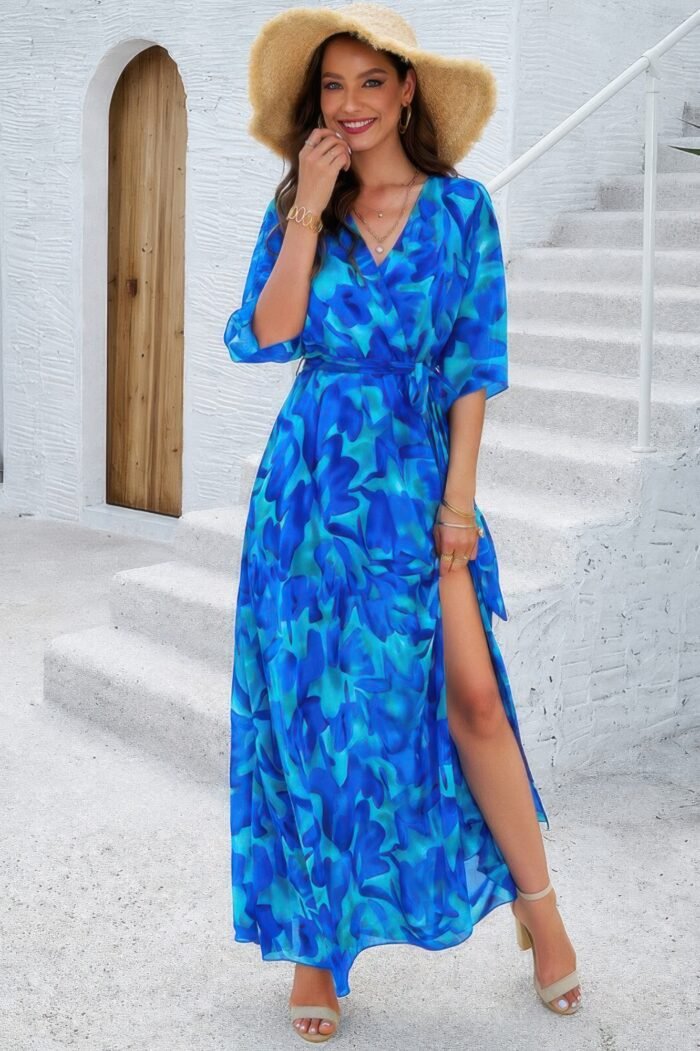 Floral print v neck waist cinched split long dress - image 1