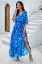 Floral Print V Neck Waist Cinched Split Long Dress - Image 2