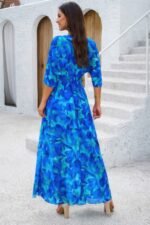 Floral Print V Neck Waist Cinched Split Long Dress - Image 3