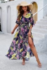 Floral Print V Neck Waist Cinched Split Long Dress - Image 4