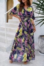 Floral Print V Neck Waist Cinched Split Long Dress - Image 5