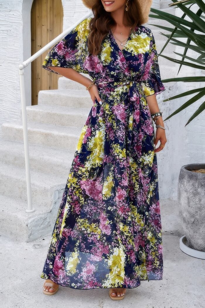 Floral print v neck waist cinched split long dress - image 5