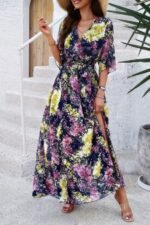 Floral Print V Neck Waist Cinched Split Long Dress - Image 6