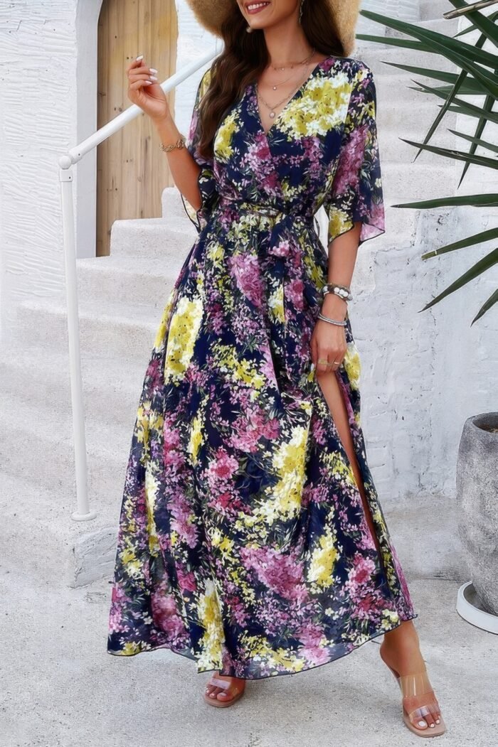 Floral print v neck waist cinched split long dress - image 6