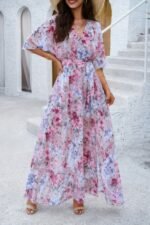 Floral Print V Neck Waist Cinched Split Long Dress - Image 8