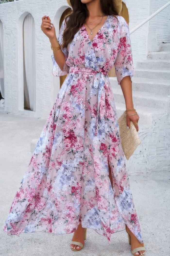 Floral print v neck waist cinched split long dress - image 9