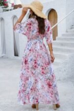 Floral Print V Neck Waist Cinched Split Long Dress - Image 10