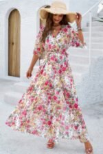 Floral Print V Neck Waist Cinched Split Long Dress - Image 11
