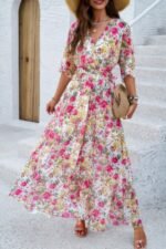 Floral Print V Neck Waist Cinched Split Long Dress - Image 12