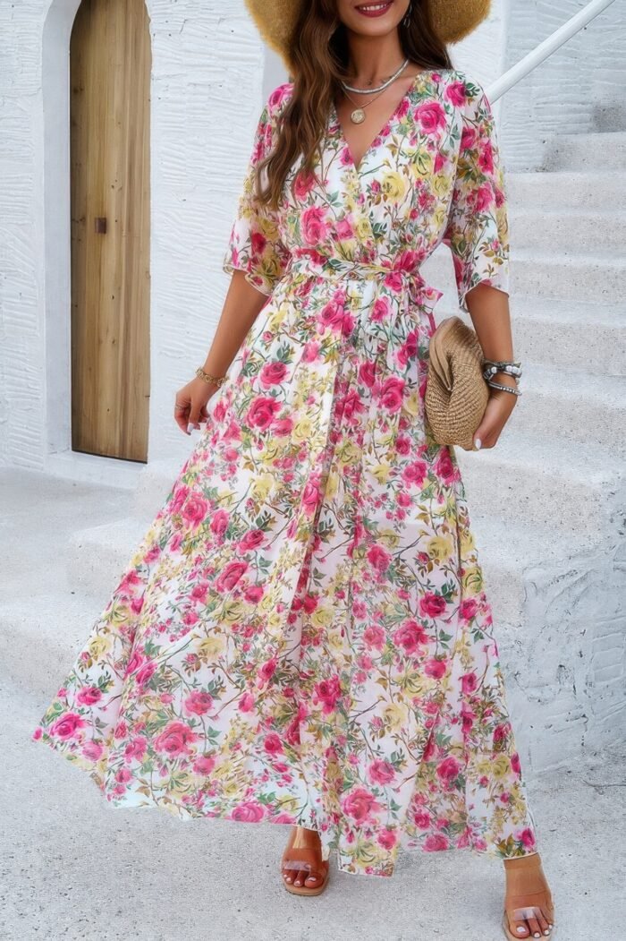 Floral print v neck waist cinched split long dress - image 12