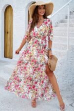 Floral Print V Neck Waist Cinched Split Long Dress - Image 13