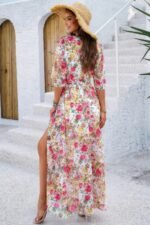 Floral Print V Neck Waist Cinched Split Long Dress - Image 14
