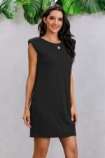 Round Neck Solid Sleeveless Shirt Dress - Image 4