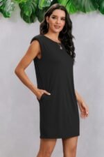 Round Neck Solid Sleeveless Shirt Dress - Image 5