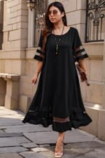 Plus Size Mesh Splicing Round Neck Long Dress - Image 3